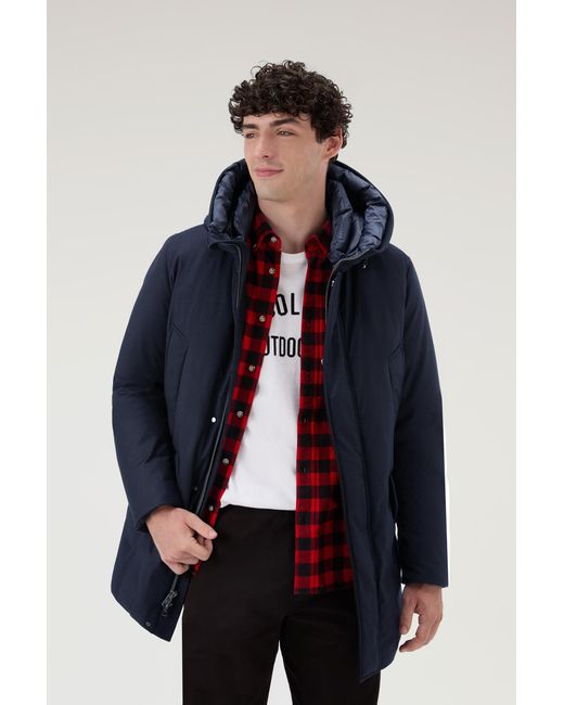 Woolrich Blue Parka In Italian Wool And Silk Blend Crafted With A Loro Piana Fabric for men