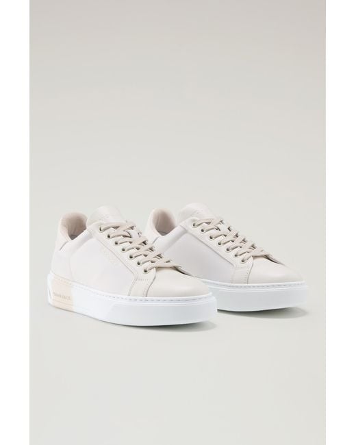 Woolrich White Classic Court Sneakers In Technical Fabric With Leather Trim
