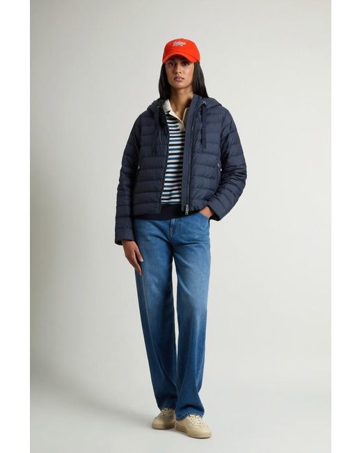 Plumífero Ligero De Microfibra Con Capucha Para Mujer Talla Woolrich de color Blue
