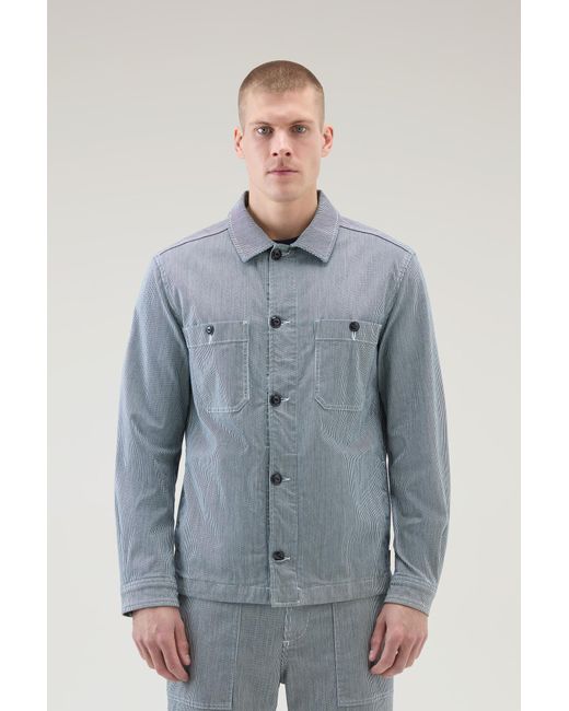 Woolrich Blue Striped Overshirt In Cotton Blend for men