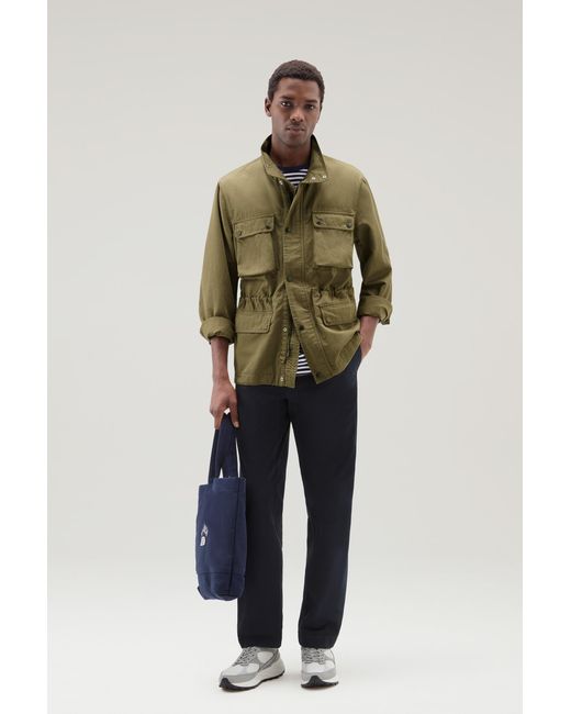 Woolrich Green Field Jacket In Cotton-linen Blend for men