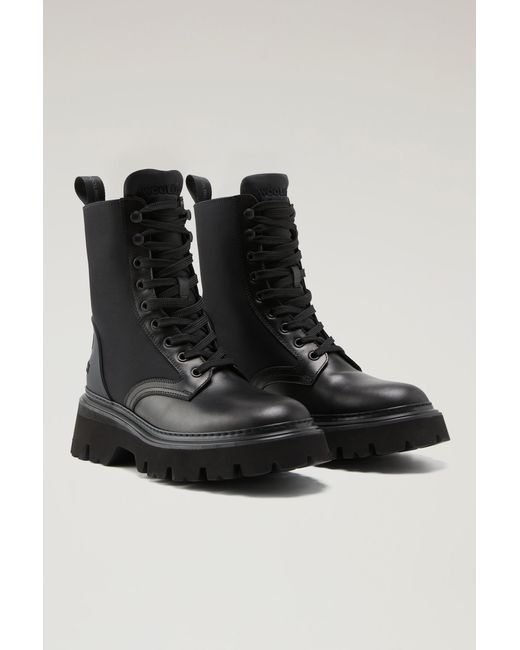 Woolrich Black Boots In Calfskin And Nylon With Shearling Lining