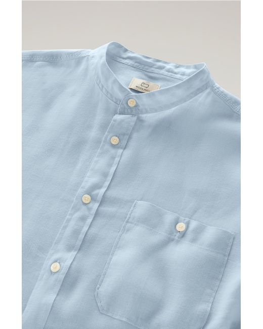 Woolrich Blue Garment-dyed Shirt With Mandarin Collar In Pure Linen for men