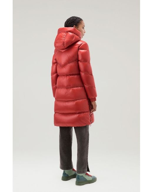 Woolrich Red Aliquippa Long Down Jacket In Glossy Nylon