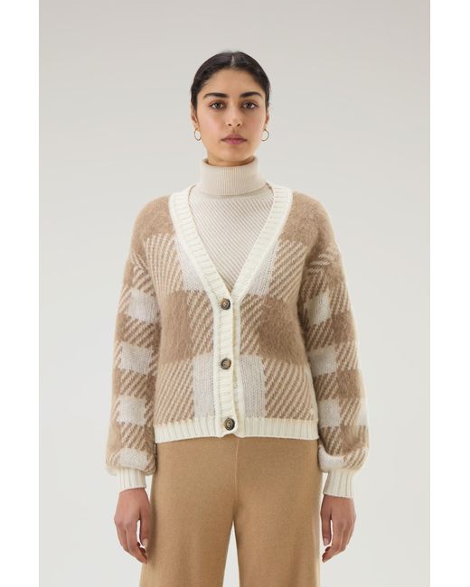 Woolrich Natural Buffalo Check Cardigan In Wool And Mohair Blend