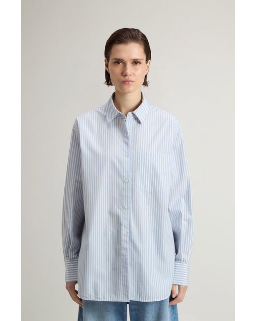Camisa Boyfriend De Popelina De Puro Algodón A Rayas Para Mujer Talla Woolrich de color Blue
