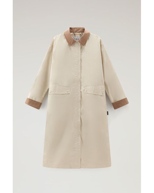 Woolrich Natural Waxed Trench Coat In Cotton Nylon Blend With Pointed Collar
