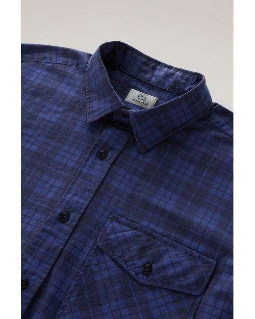 Woolrich Blue Pure Cotton Checked Shirt With Chest Pocket for men