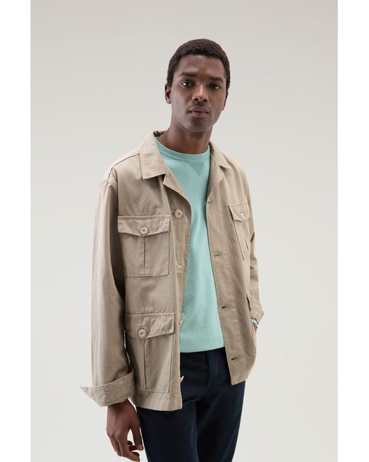 Woolrich Natural Garment-dyed Safari Shirt Jacket In Cotton-linen Blend for men