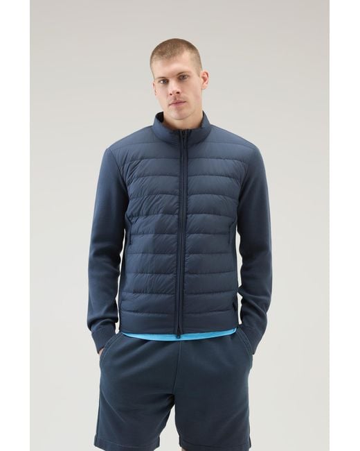 Woolrich Blue Sundance Hybrid Bomber Jacket In Microfibre And Cotton Knit for men