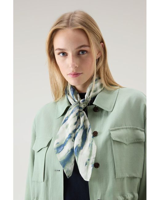 Woolrich Blue Scarf In A Modal And Silk Blend With Graphic Print Beige