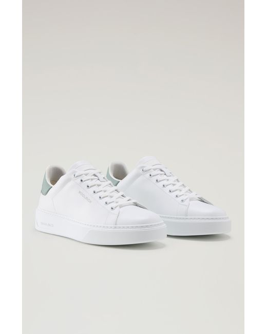 Woolrich White Classic Court Sneakers In Leather With Contrasting Patch for men