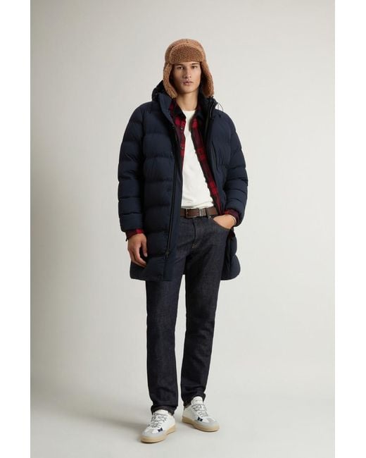 Woolrich Lang Donsjack Van Elastisch Nylon Met Matte Afwerking Blauw Grootte in het Blue voor heren