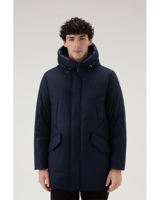 Woolrich Blue Parka In Italian Wool And Silk Blend Crafted With A Loro Piana Fabric for men