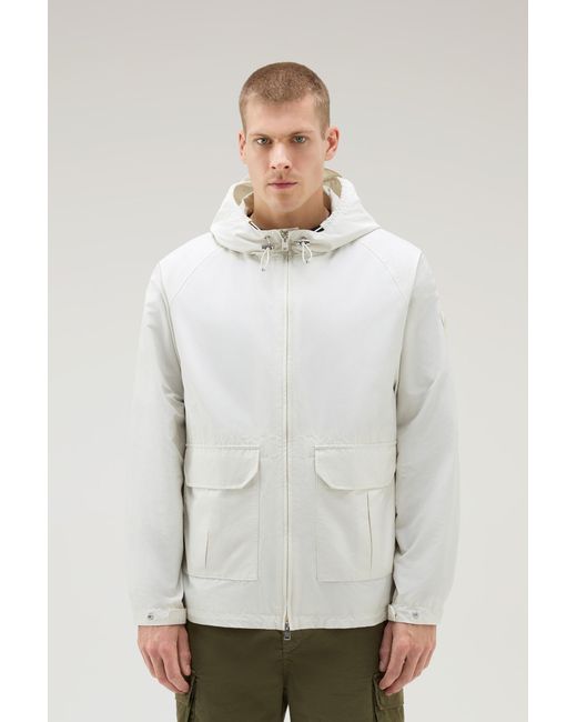 Woolrich White Cruiser Jacket In Ramar Cloth With Hood for men