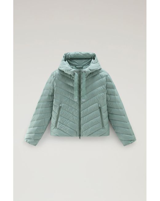 Woolrich Green Microfibre Jacket With Chevron Quilting And Hood