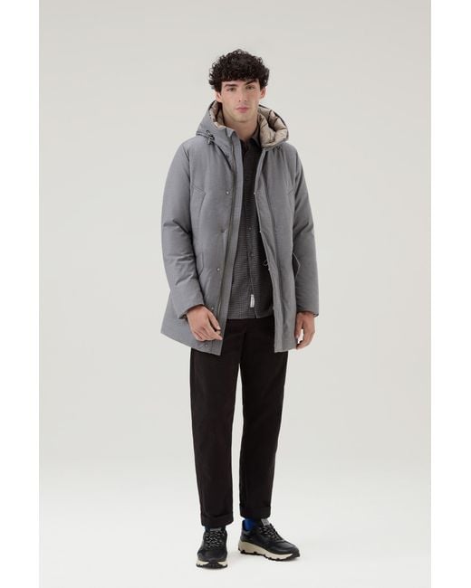 Woolrich Gray Parka In Italian Wool And Silk Blend Crafted With A Loro Piana Fabric for men