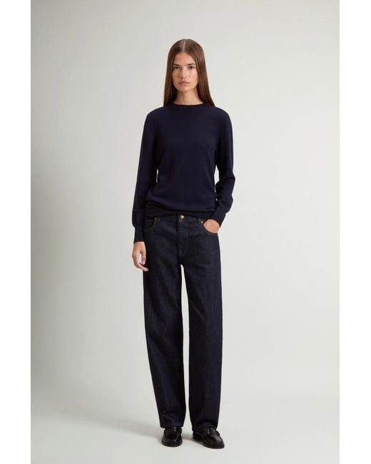 Pantalones De Pernera Ancha Y Cinco Bolsillos En Denim De Algodón Elástico Para Mujer Talla Woolrich de color Blue