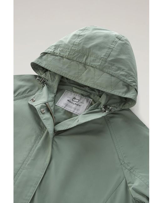 Woolrich Green Long Summer Parka In Urban Touch Fabric With Hood