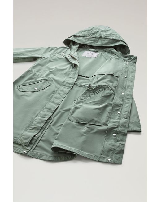 Woolrich Green Long Summer Parka In Urban Touch Fabric With Hood
