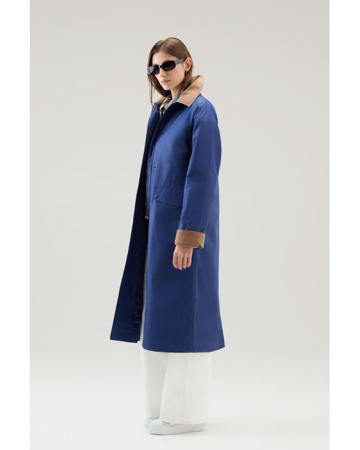 Woolrich Blue Waxed Trench Coat In Cotton Nylon Blend With Pointed Collar