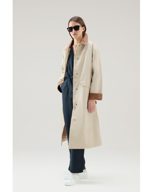 Woolrich Natural Waxed Trench Coat In Cotton Nylon Blend With Pointed Collar