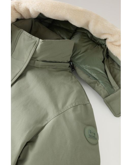 Woolrich Green Parka In Brushed Ramar Cloth With Detachable Hood