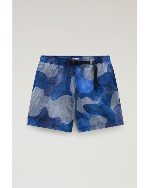 Woolrich Blue Shorts In Crinkle Nylon With Print for men