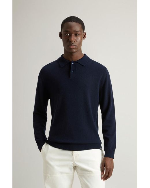 Woolrich Blue Pure Cashmere Long-Sleeved Polo Sweater for men