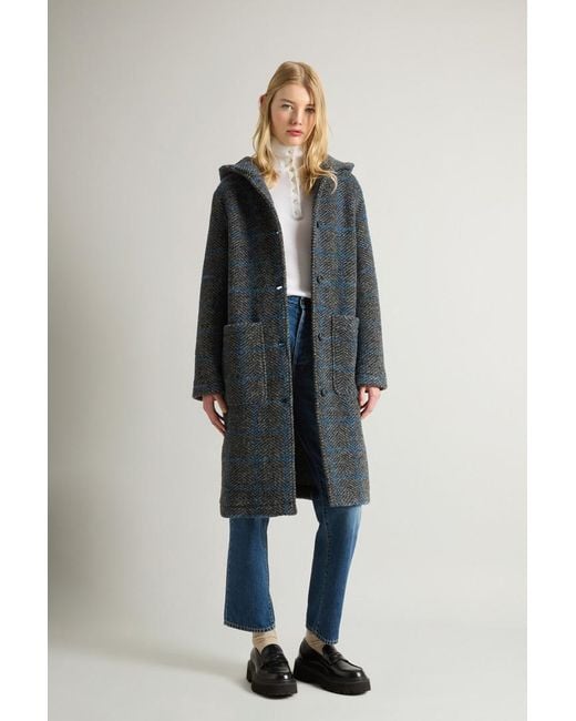 Woolrich Blue Gentry Long Check Coat With Hood