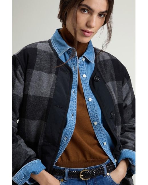 Chaqueta Camisera Alaskan Larga A Cuadros De Mezcla De Lana Para Mujer Talla Woolrich de color Blue