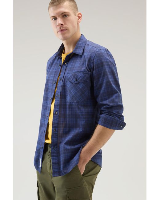 Woolrich Blue Pure Cotton Checked Shirt With Chest Pocket for men