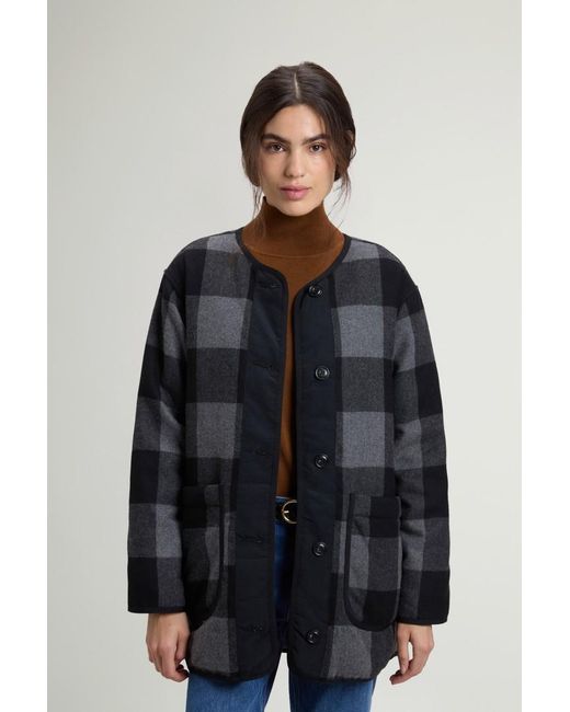 Chaqueta Camisera Alaskan Larga A Cuadros De Mezcla De Lana Para Mujer Talla Woolrich de color Blue
