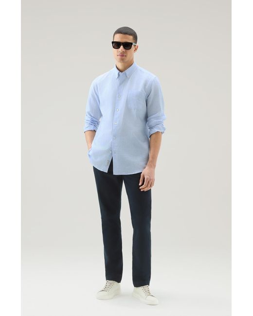 Woolrich Blue Striped Shirt In Cotton-linen Blend for men