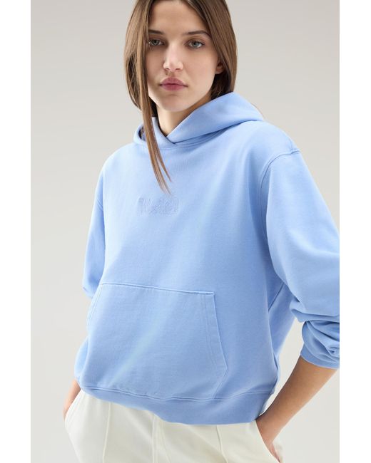 Woolrich Blue Sweatshirt In Pure Cotton With Hood And Embroidered Logo