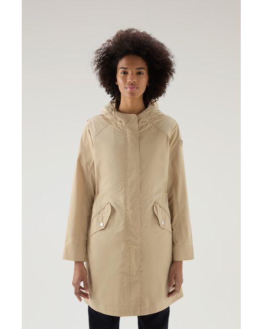 Woolrich Natural Long Summer Parka In Urban Touch Fabric With Hood Green