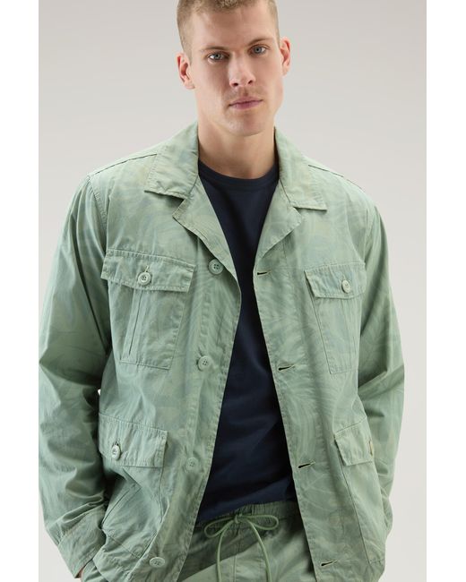 Woolrich Green Garment-dyed Shirt Jacket In Printed Pure Cotton for men