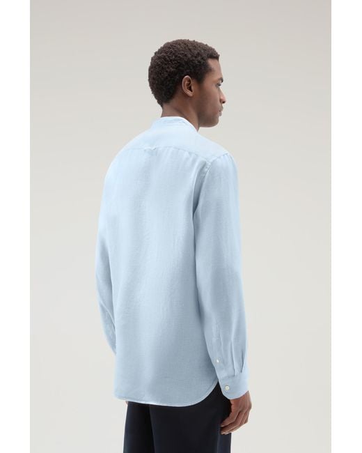 Woolrich Blue Garment-dyed Shirt With Mandarin Collar In Pure Linen for men