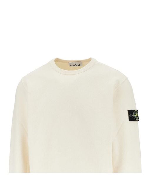 Stone Island White Crewneck Cotton Sweatshirt With Logo Badge for men
