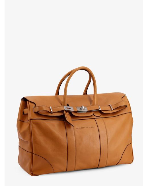 Brunello Cucinelli Brown Leather Travel Bag With Engraved Logo On The Front for men