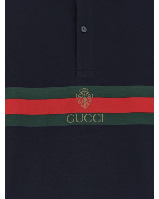 Gucci Blue Cotton Polo Shirt With Web Print On The Front for men
