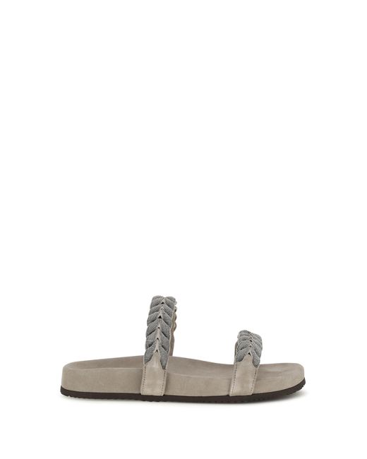 Brunello Cucinelli White Laurel Leaf Monili-Embellished Slides