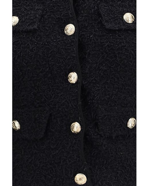 Balmain Black Double-Breasted Tweed Cropped Jacket With Logo Buttons