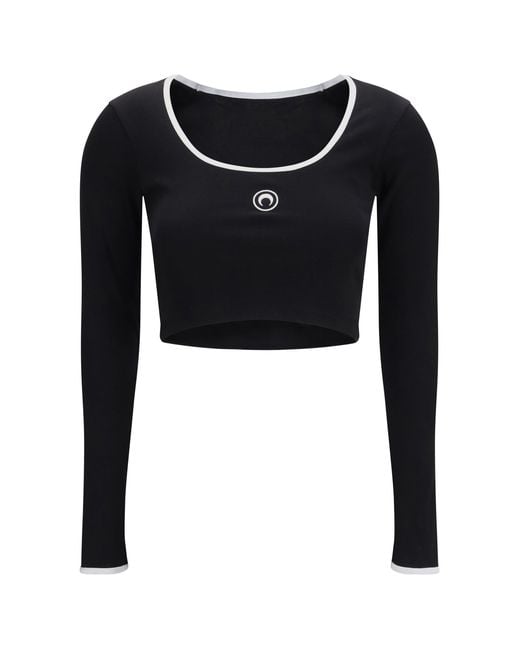MARINE SERRE Black Moon Logo Bicolor Jersey Roundneck T-Shirt