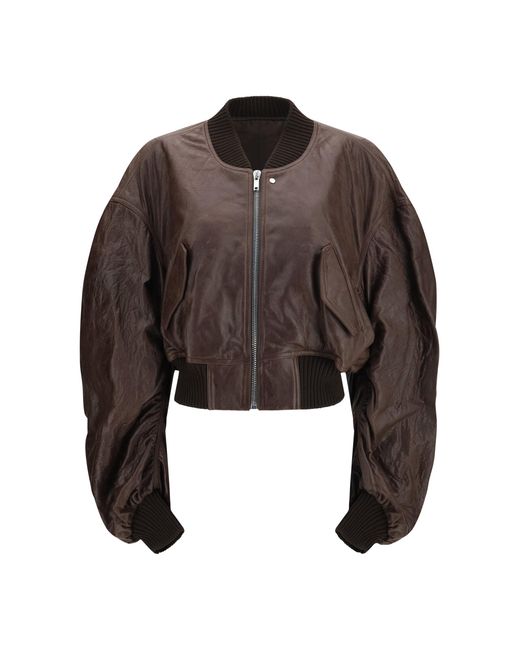 Rick Owens Brown Cropped Leather Bomber Jacket