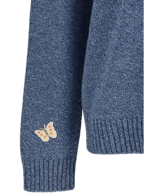 Valentino Blue Wool Sweater With Butterfly Embroidery for men