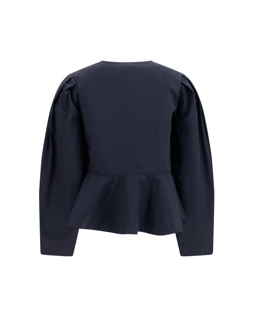 Ganni Blue Cotton Poplin Blouse With Bows