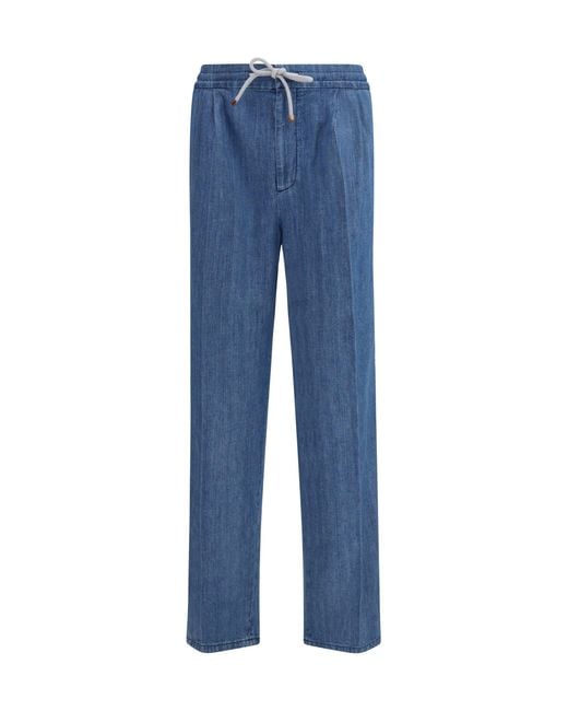 Brunello Cucinelli Blue Lightweight Denim Pants With Drawstring And Double Pleats for men