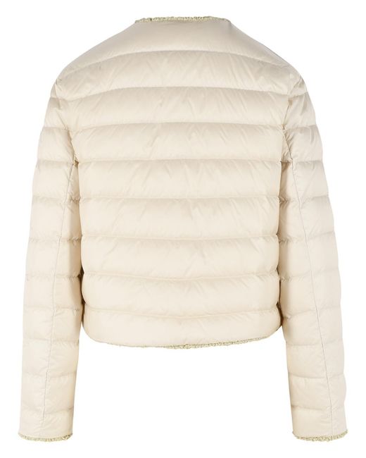 Moncler Natural 'Fleurs' Short Down Jacket With Light Polyamide Bouclã Trim