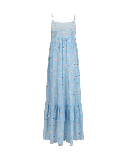 Fiorucci Blue Dress Poodle-Print Tiered Maxi